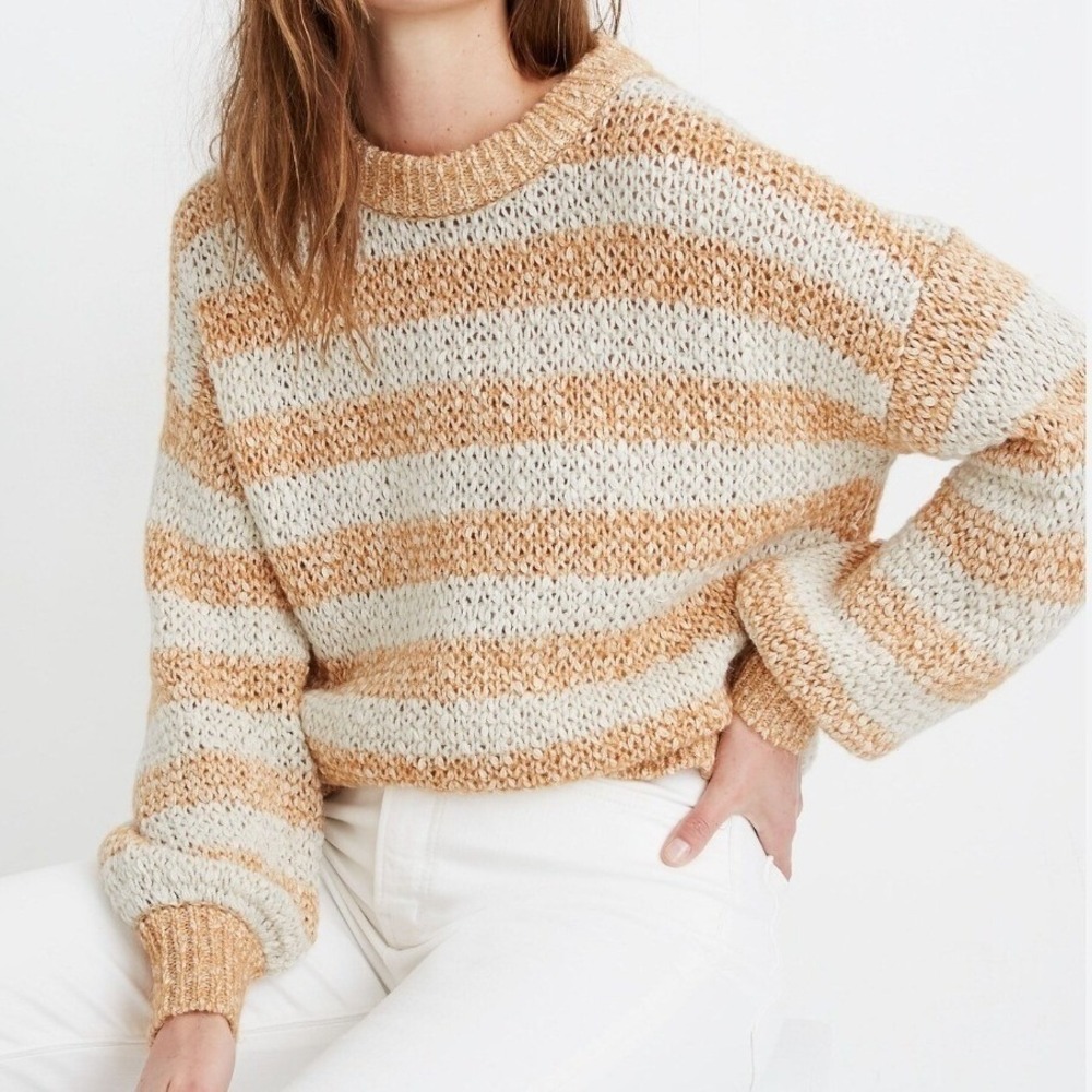 Madewell‎ Striped Open Knit Crewneck Sweater XL Yellow Cream AC792 NEW